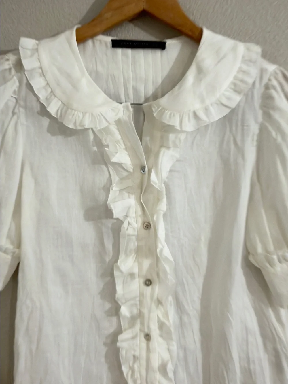 Zara White Ruffle Front Puff Sleeve Blouse